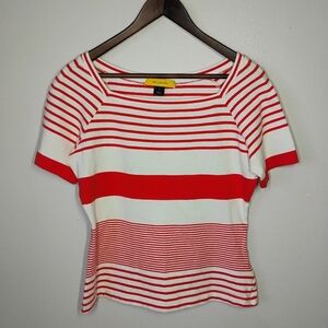 St John Striped Square Neck Short Sleeve Top Orange White Classic Size Medium